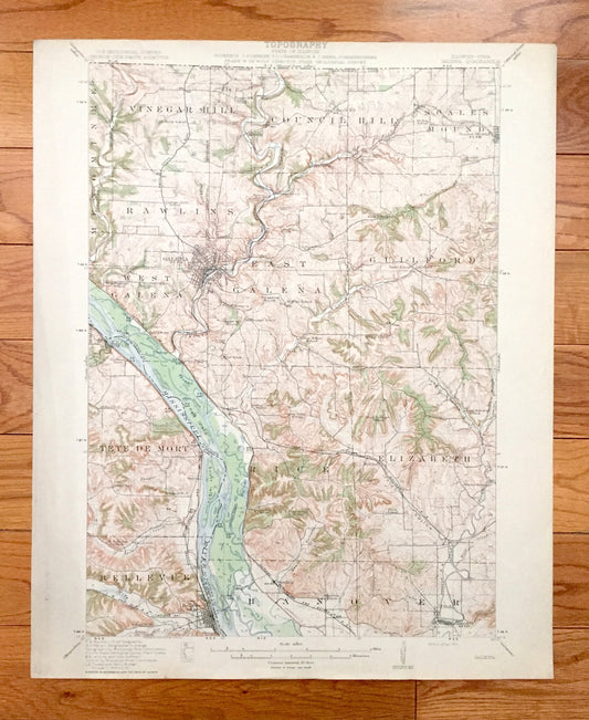 Antique Galena, Illinois 1913 US Geological Survey Topographic Map – Menominee, Rawlins, Scales Mound, Rice, Hanover, Bremen, Aiken, Iowa IL