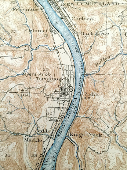 Antique Steubenville, Ohio 1904 US Geological Survey Topographic Map – Knox, Island Creek, Wells, La Belle View, Toronto, Panhandle, OH WV