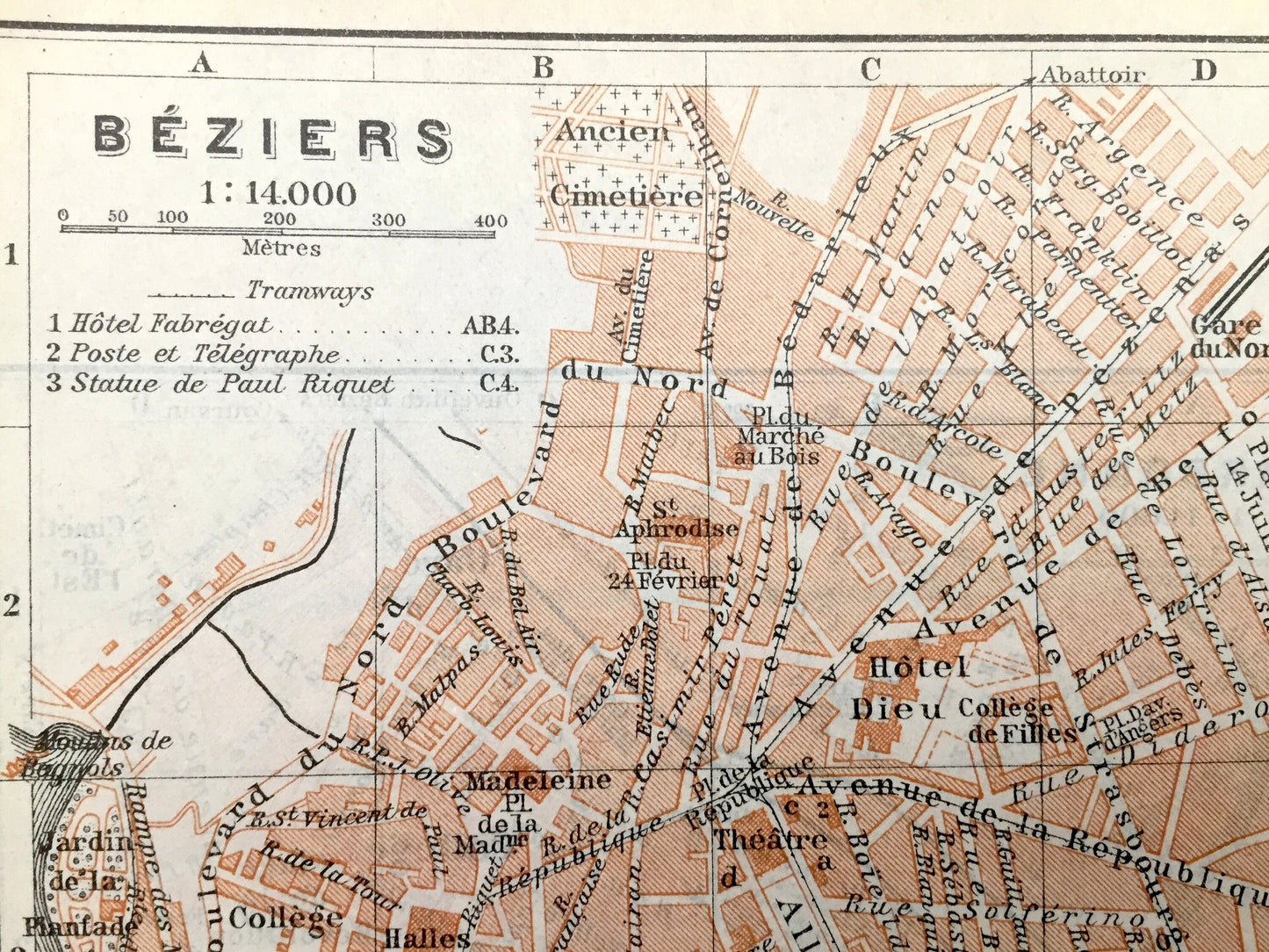 Antique 1914 Beziers and Narbonne, France Map from Baedekers Guide Atlas – Occitanie Region, Department, Southern France, Orb River