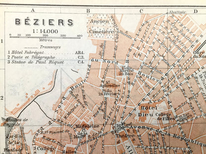 Antique 1914 Beziers and Narbonne, France Map from Baedekers Guide Atlas – Occitanie Region, Department, Southern France, Orb River