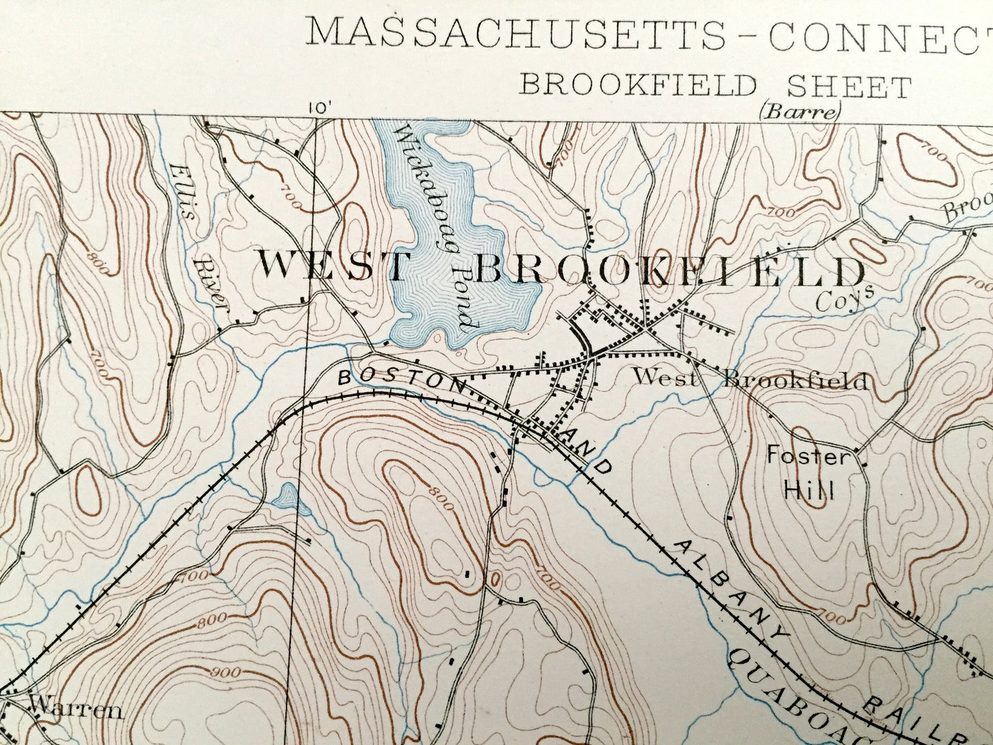 Antique Brookfield, Massachusetts 1893 US Geological Survey Topographic Map – Sturbridge, Ware, Palmer, Brinfield, Southbridge, Union, MA CT