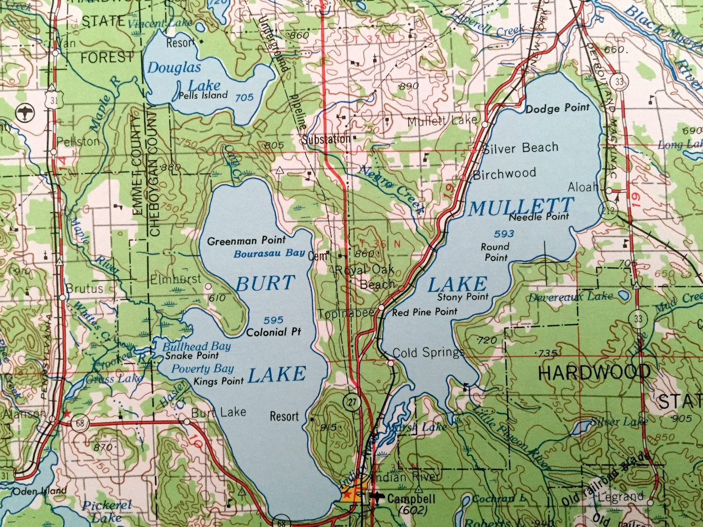 Antique Cheboygan, Michigan 1955 US Geological Survey Topographic Map – Petoskey, Bayne City, East Jordan, Onaway, Charleveix, St Ignace, MI