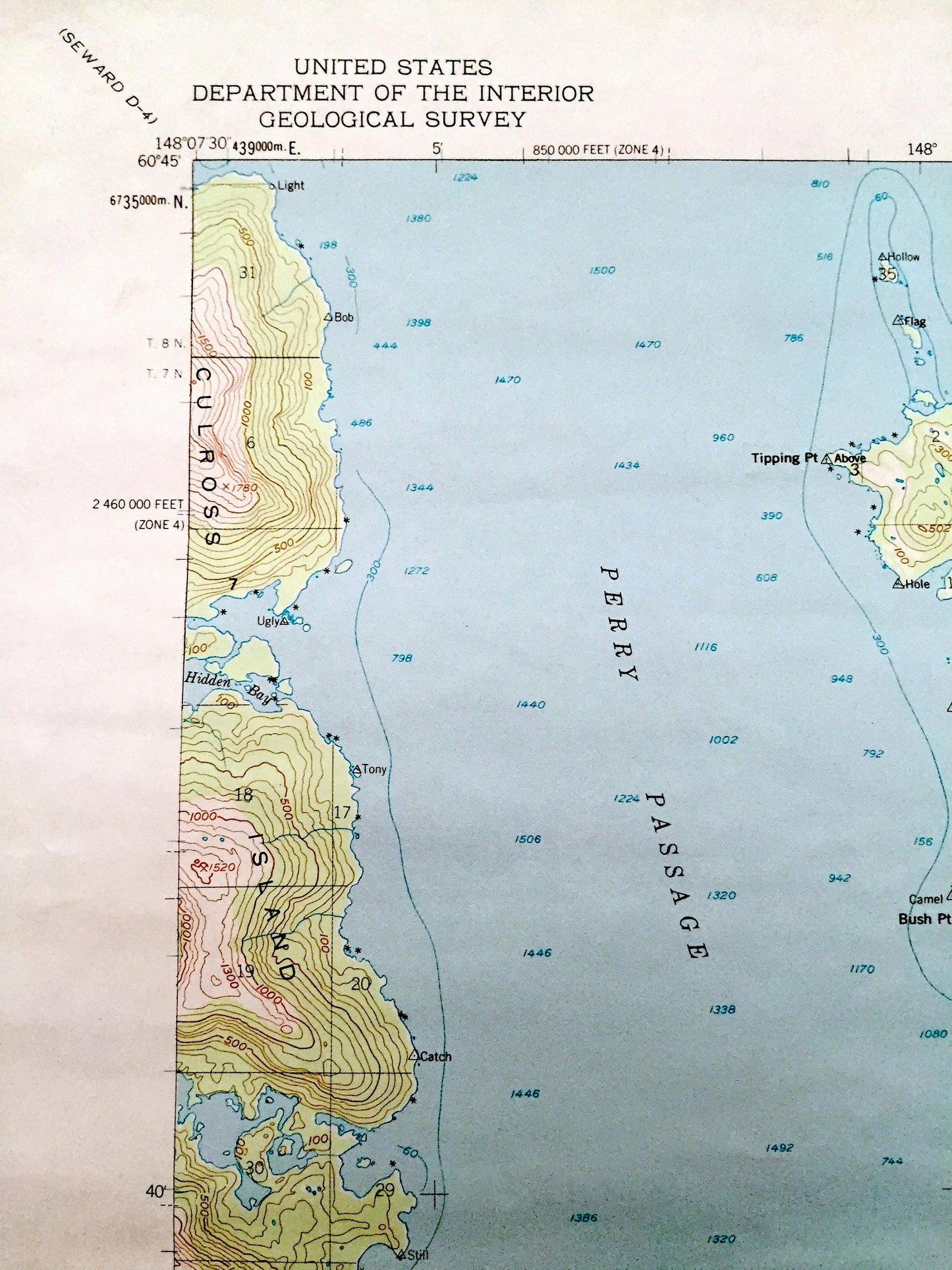 Antique Seward (C-3), Alaska 1951 US Geological Survey Topographic Map – Perry Island, Prince William Sound, Culross, Passage, Lone, AK