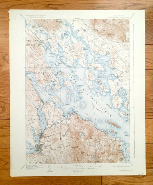 Antique Lake Winnipesaukee, New Hampshire 1909 US Geological Survey Topographic Map – Laconia, Gilford, Alton, Meredith Moultonboro Weirs NH
