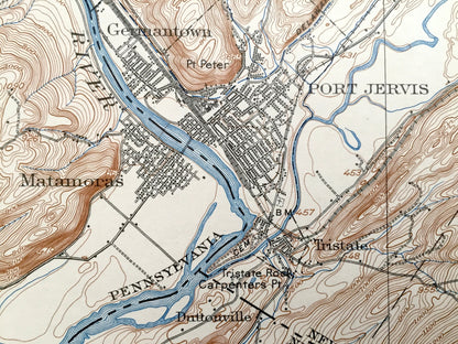 Antique Port Jervis, New York 1908 US Geological Survey Topographic Map – Matamoras, Orange, Sussex, Pike County, Neversink New Jersey NY NJ