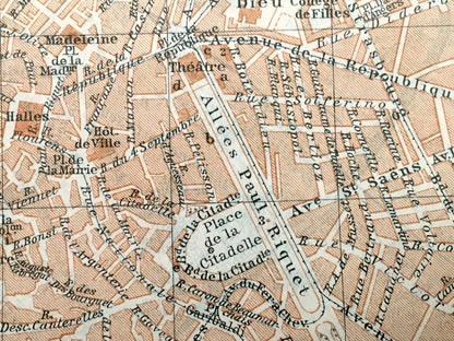 Antique 1914 Beziers and Narbonne, France Map from Baedekers Guide Atlas – Occitanie Region, Department, Southern France, Orb River