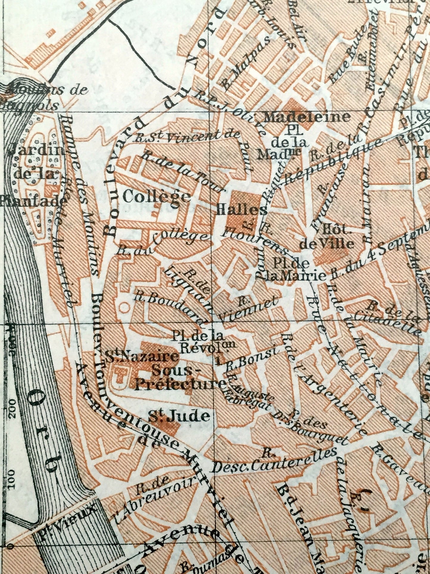 Antique 1914 Beziers and Narbonne, France Map from Baedekers Guide Atlas – Occitanie Region, Department, Southern France, Orb River