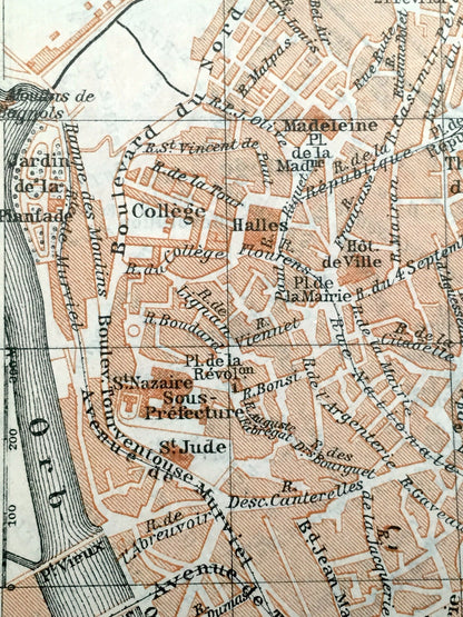 Antique 1914 Beziers and Narbonne, France Map from Baedekers Guide Atlas – Occitanie Region, Department, Southern France, Orb River