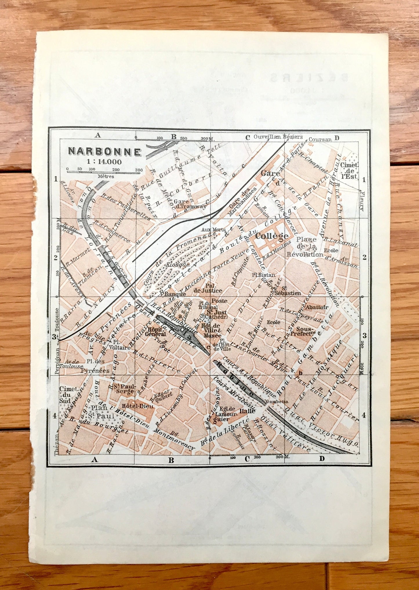 Antique 1914 Beziers and Narbonne, France Map from Baedekers Guide Atlas – Occitanie Region, Department, Southern France, Orb River