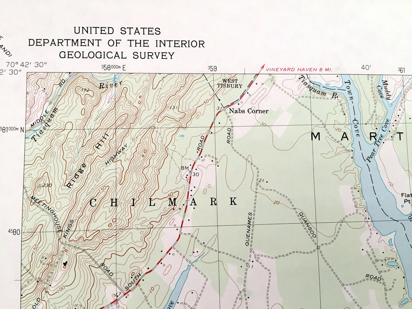 Antique Tisbury Great Pond, Massachusetts 1972 US Geological Survey Topographic Map – Chilmark, West, Edgartown, Martha's Vineyard, Dukes MA