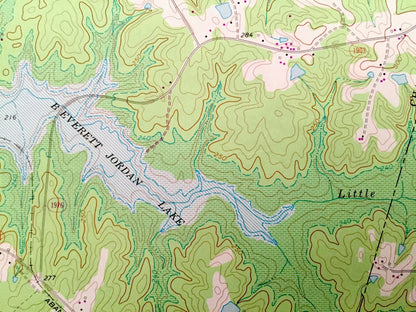 Antique New Hill, North Carolina 1974 US Geological Survey Topographic Map – Wake, Chatham County, B Everrett Jordan Lake, Bonsai, NC