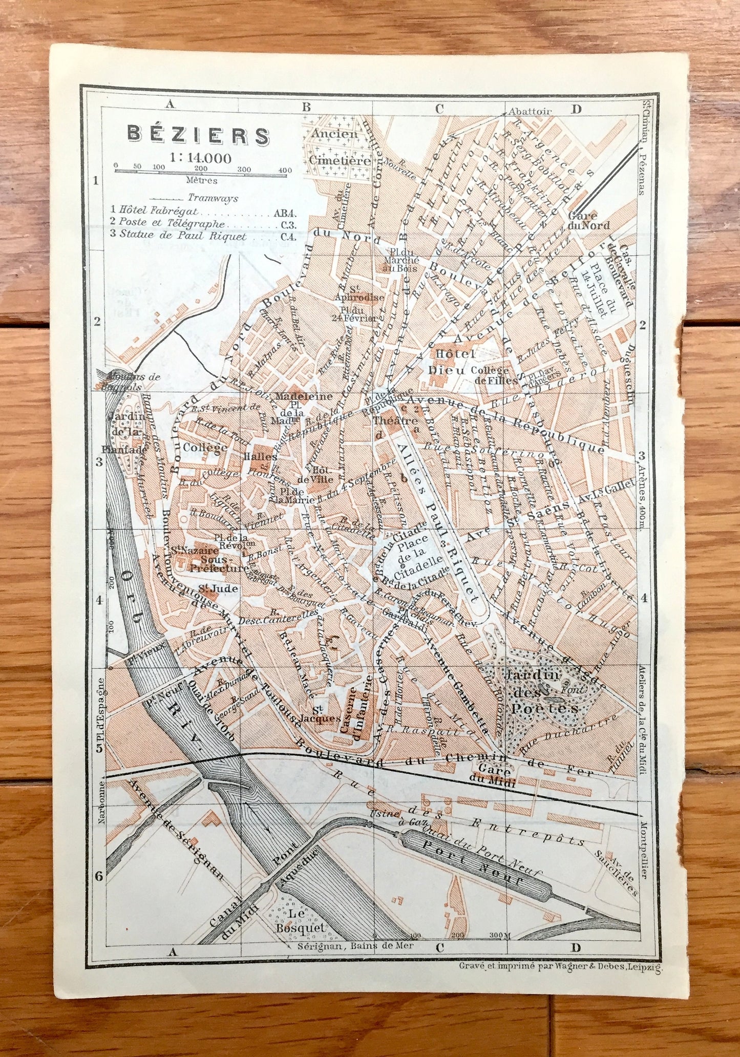 Antique 1914 Beziers and Narbonne, France Map from Baedekers Guide Atlas – Occitanie Region, Department, Southern France, Orb River