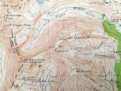 Antique Mt Lincoln, Colorado 1938 US Geological Survey Topographic Map – Breckenridge, Copper Mountain, Climax, Kokomo, Alma, Summit Lake CO
