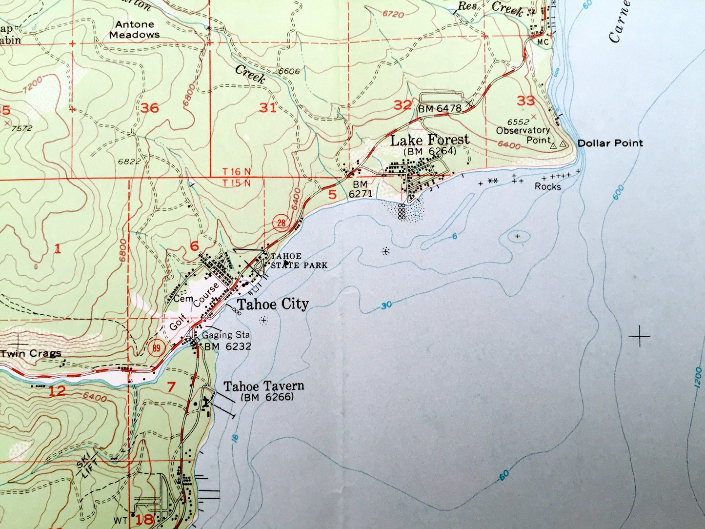 Antique Lake Tahoe, California 1955 US Geological Survey Topographic Map – Tahoe Valley, Al Tahoe, Bijou, Stateline, Zephyr Cove, Nevada CA