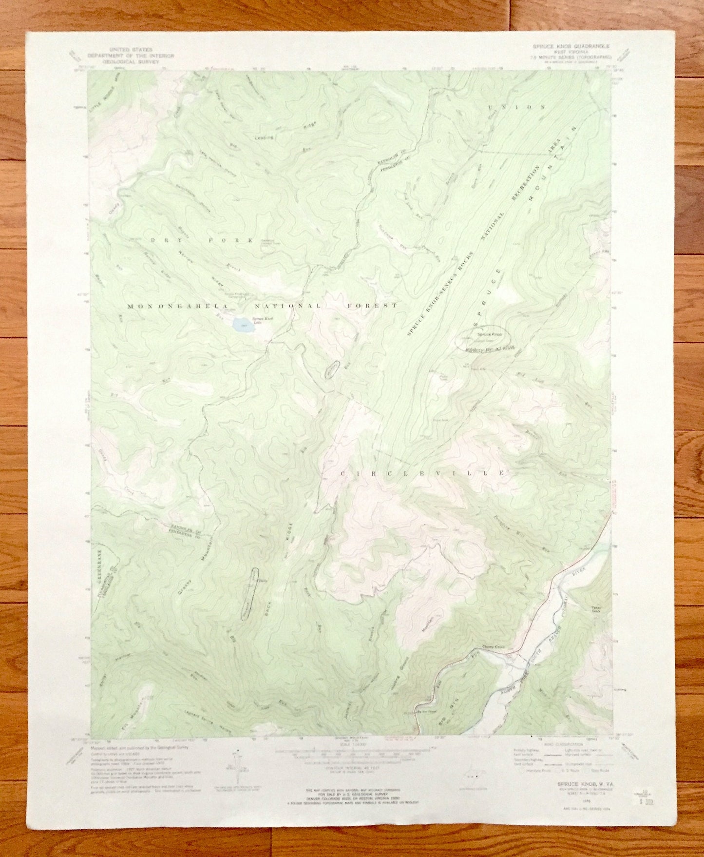Antique Spruce Knob, West Virginia 1970 US Geological Survey Topographic Map - Pendleton County, Circleville, Union, Dry Fork, Greenbank WV