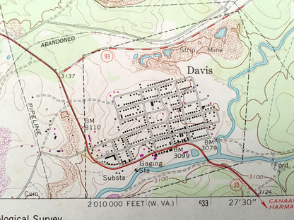 Antique Davis, West Virginia 1967 US Geological Survey Topographic Map - Grant, Tucker, Preston County, Fairfax, Union, Thomas, Wilsonia WV