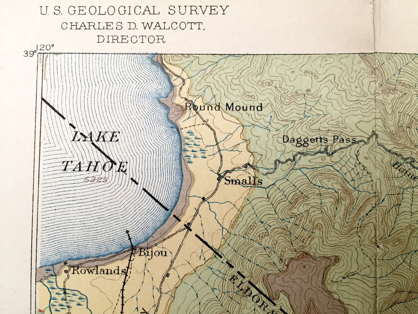 Antique Lake Tahoe, California 1889 US Geological Survey Topographic Map – Douglas, Eldorado, Alpine County, Nevada, Markleeville, Carson NV
