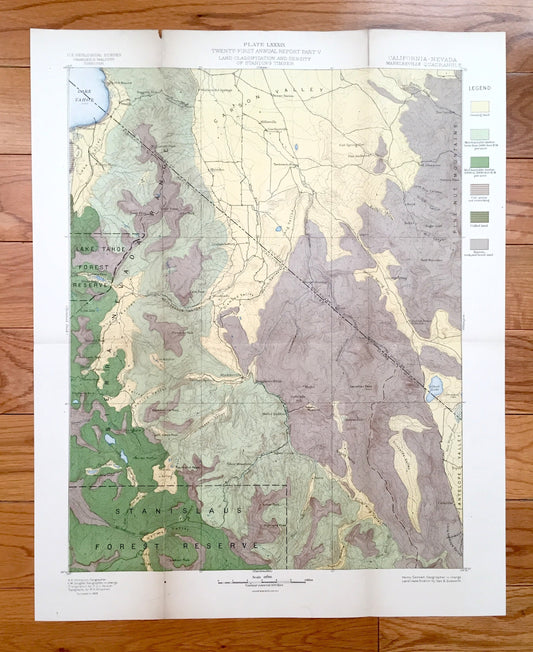 Antique Lake Tahoe, California 1889 US Geological Survey Topographic Map – Douglas, Eldorado, Alpine County, Nevada, Markleeville, Carson NV