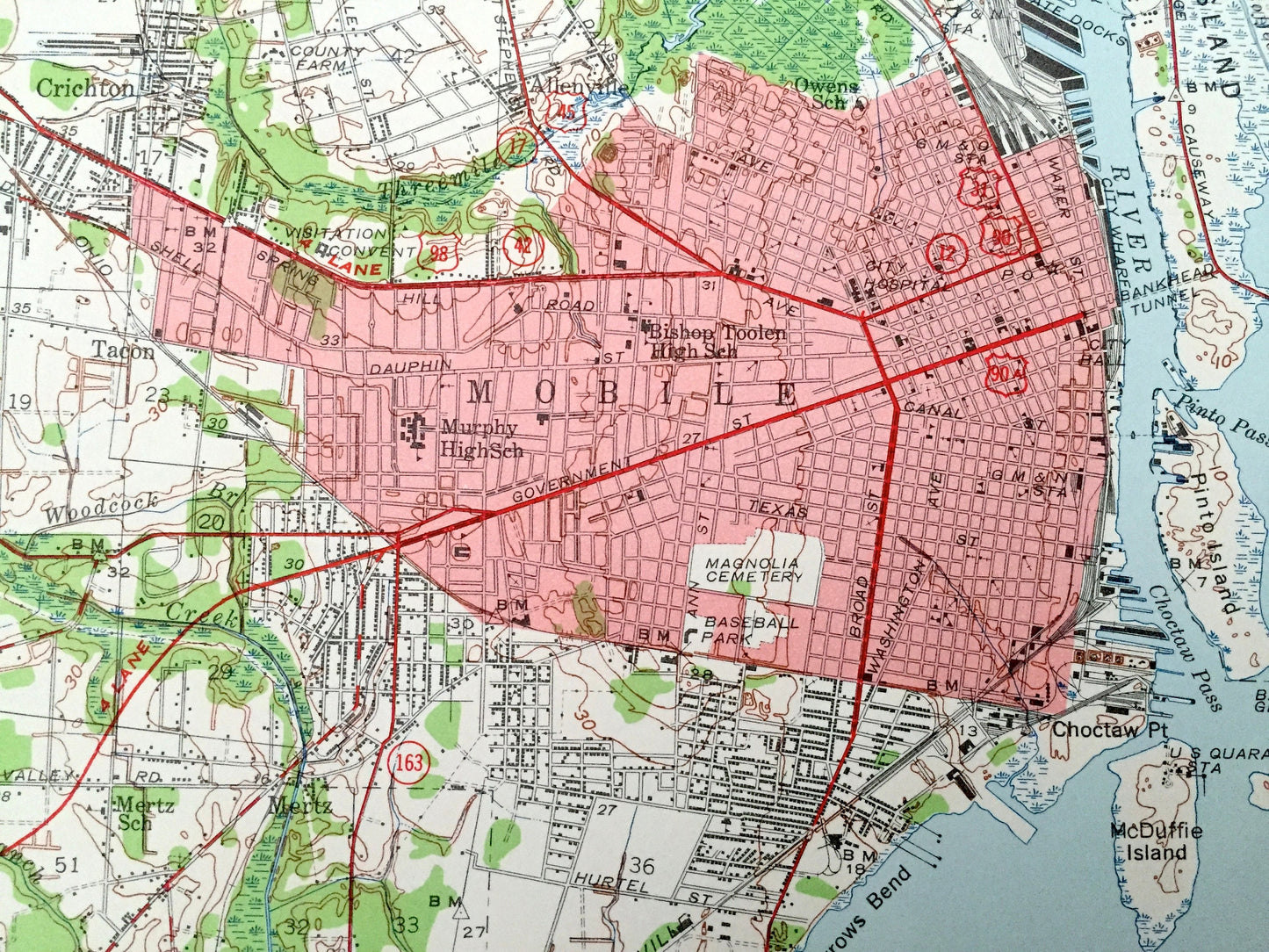 Antique Mobile, Alabama 1940 US Geological Survey Topographic Map – Baldwin County, Prichard, Chickasaw, Crichton, Dog River, Irvington, AL