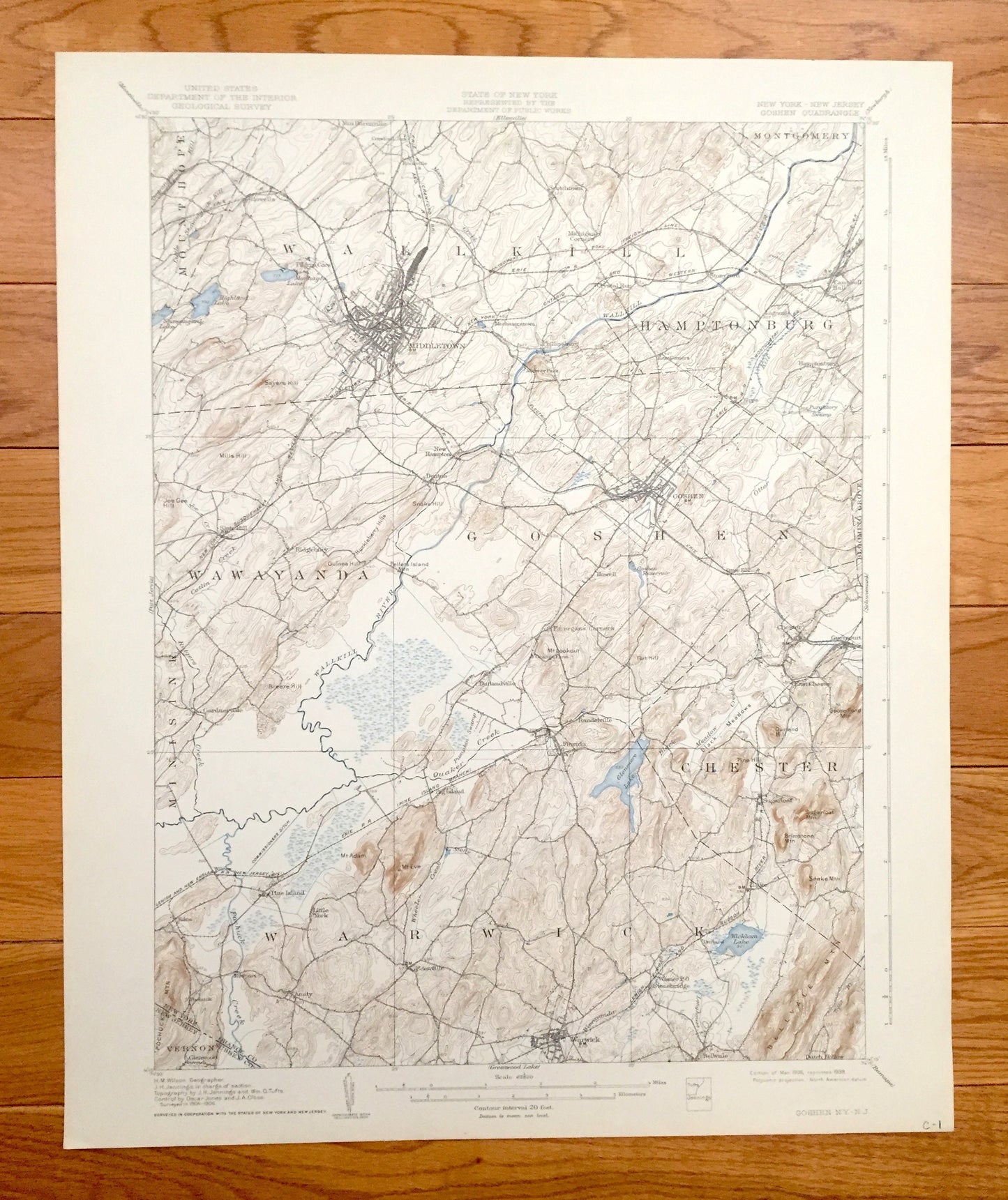 Antique Goshen, New York 1908 US Geological Survey Topographic Map – Orange County, Middletown, Florida, Warwick Wawayanda Bellvale Kipps NY