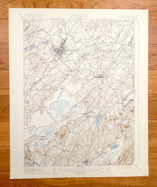 Antique Goshen, New York 1908 US Geological Survey Topographic Map – Orange County, Middletown, Florida, Warwick Wawayanda Bellvale Kipps NY