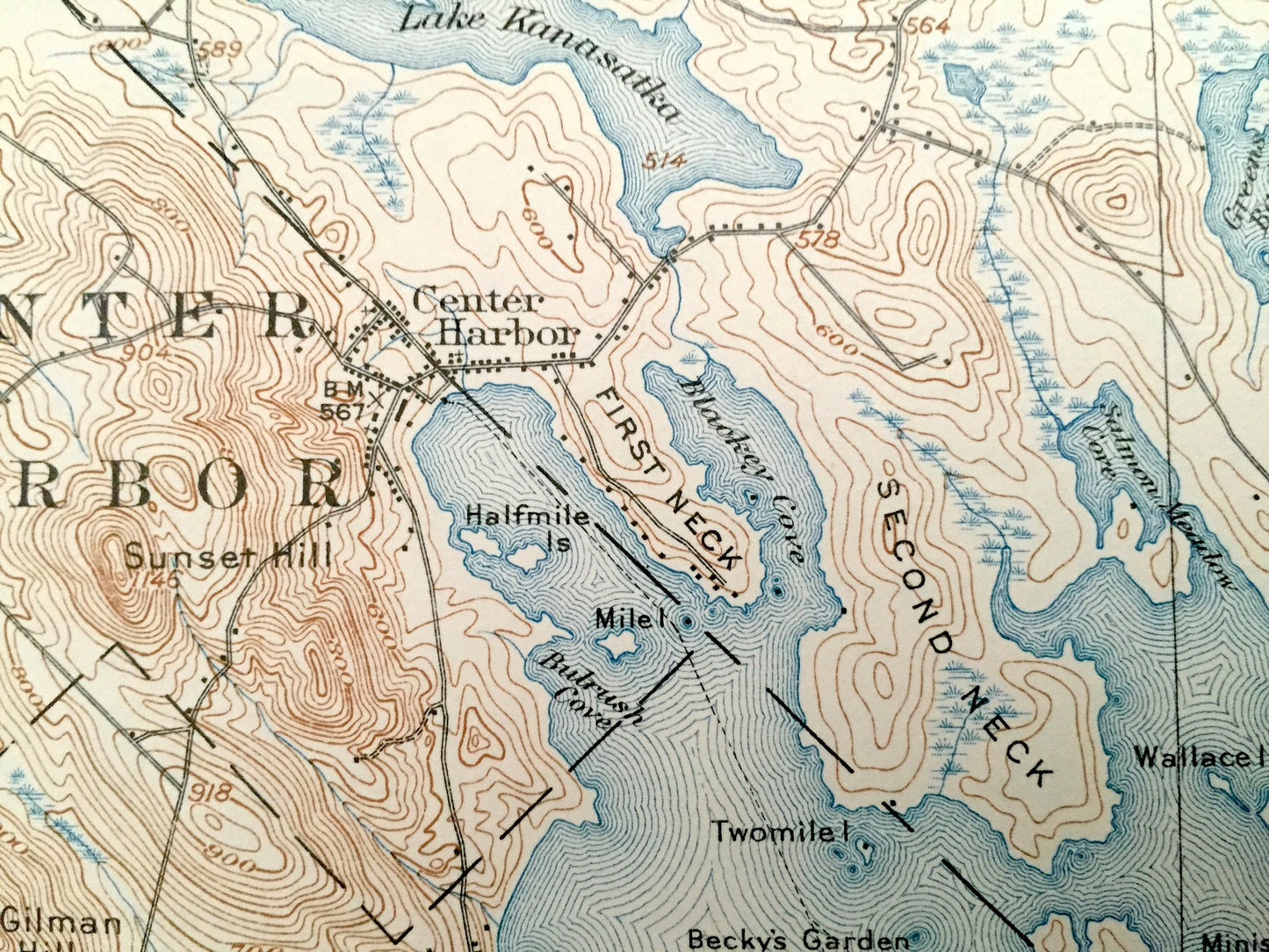 Antique Lake Winnipesaukee, New Hampshire 1909 US Geological Survey Topographic Map – Laconia, Gilford, Alton, Meredith Moultonboro Weirs NH