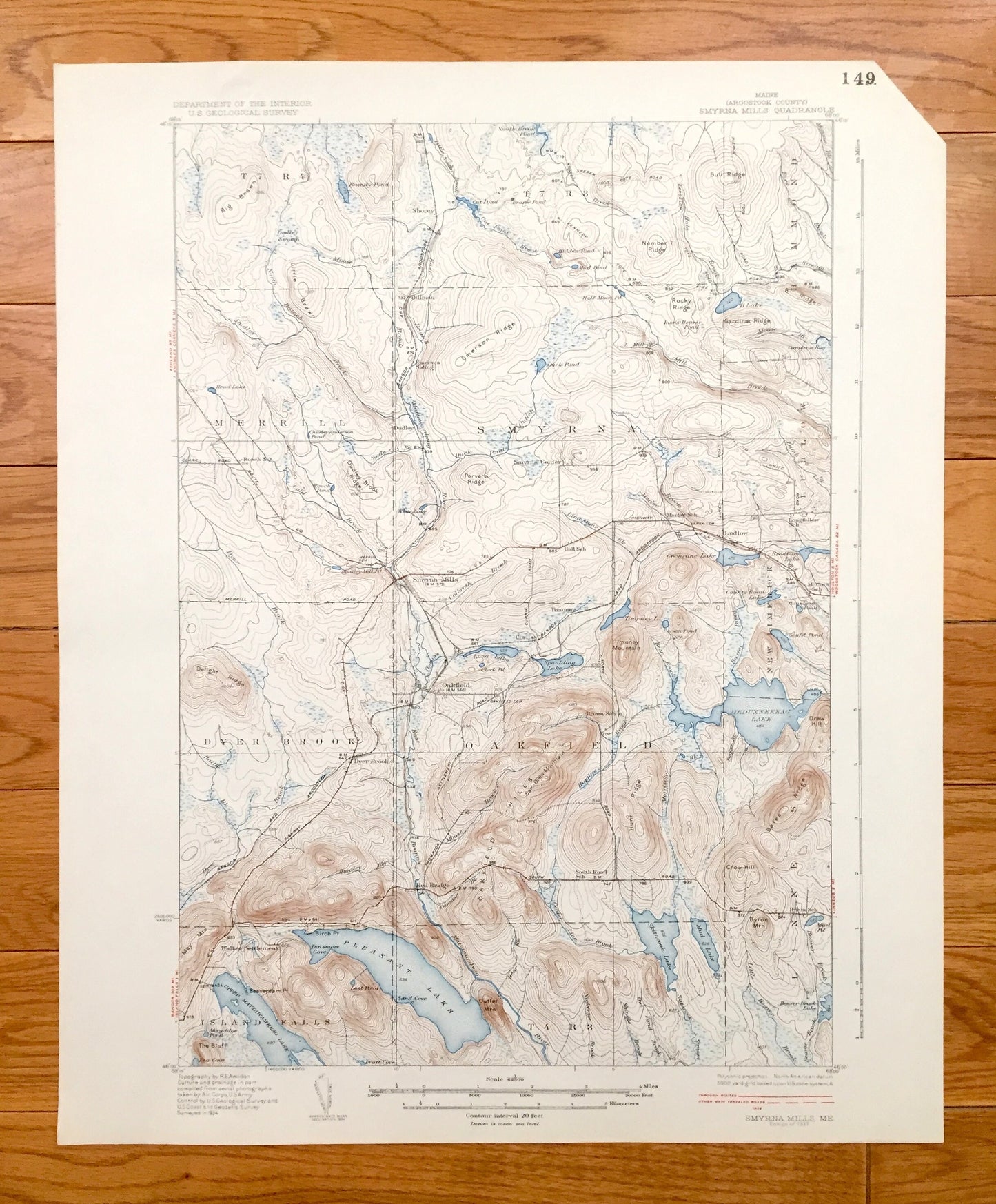 Antique Smyrna Mills, Maine 1937 US Geological Survey Topographic Map – Aroostook County, Oakfield Island Falls Pleasant Meduxnekeag Lake ME