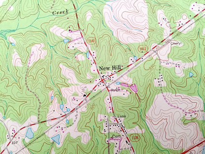 Antique New Hill, North Carolina 1974 US Geological Survey Topographic Map – Wake, Chatham County, B Everrett Jordan Lake, Bonsai, NC