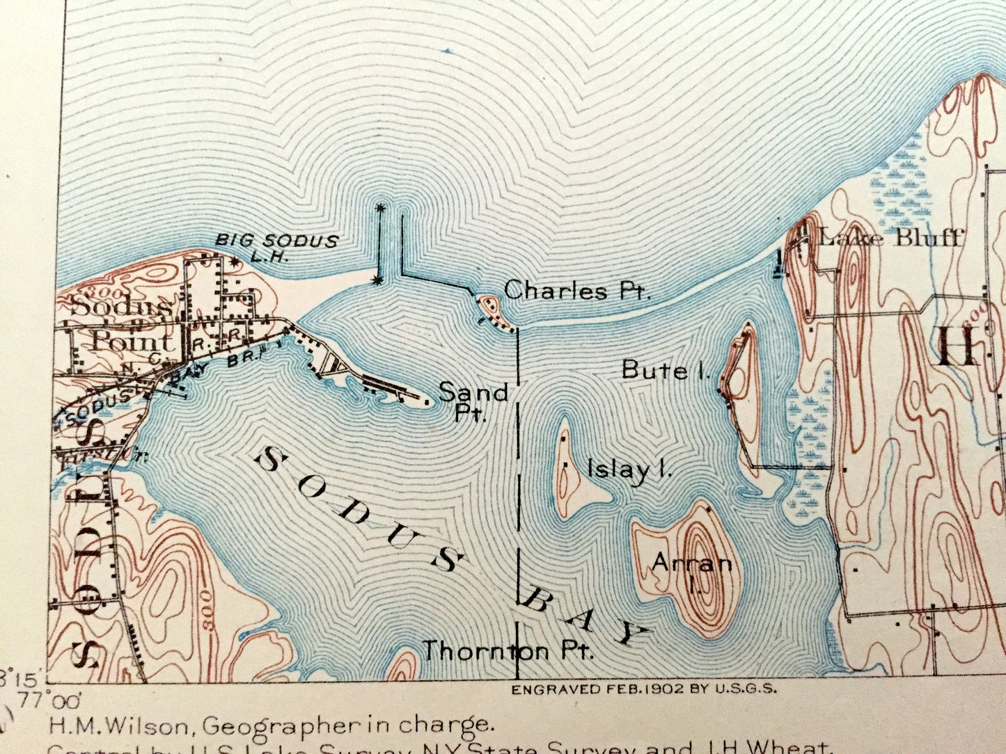 Antique Sodus Bay, New York 1902 US Geological Survey Topographic Map – Huron, Wolcott, Arran Island, Lake Ontario, Wayne County, NY