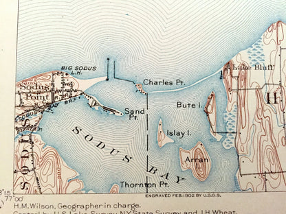 Antique Sodus Bay, New York 1902 US Geological Survey Topographic Map – Huron, Wolcott, Arran Island, Lake Ontario, Wayne County, NY