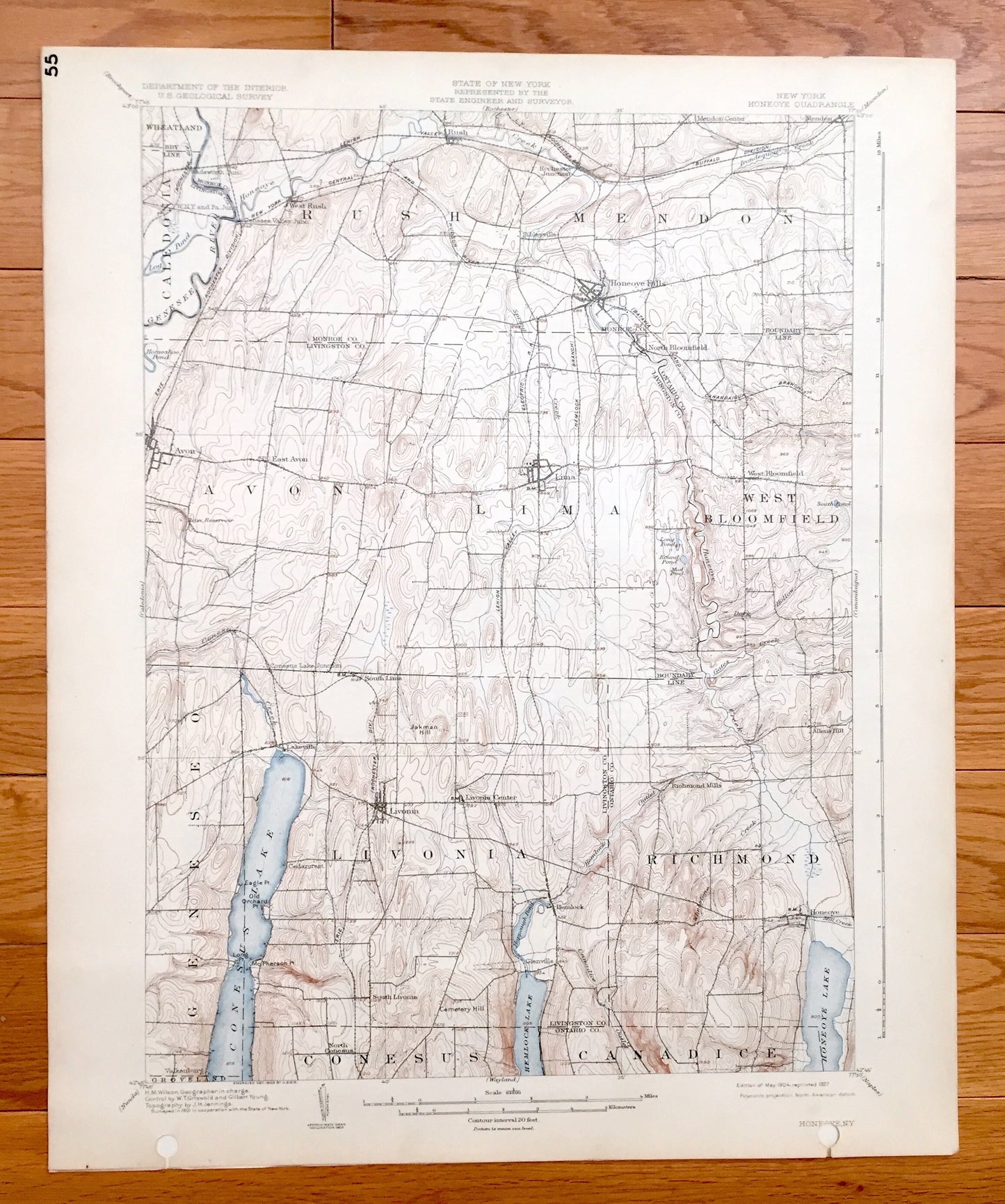 Antique Honeoye, New York 1904 US Geological Survey Topographic Map - Mendon, Rush, Wheatland, Avon, Lima, Caledonia, Richmond, Genesee, NY