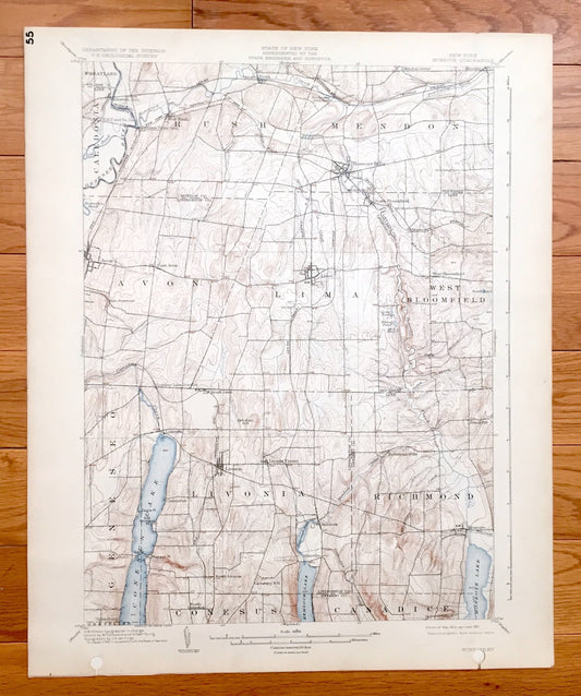 Antique Honeoye, New York 1904 US Geological Survey Topographic Map - Mendon, Rush, Wheatland, Avon, Lima, Caledonia, Richmond, Genesee, NY