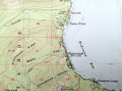Antique Lake Tahoe, California 1955 US Geological Survey Topographic Map – Tahoe Valley, Al Tahoe, Bijou, Stateline, Zephyr Cove, Nevada CA