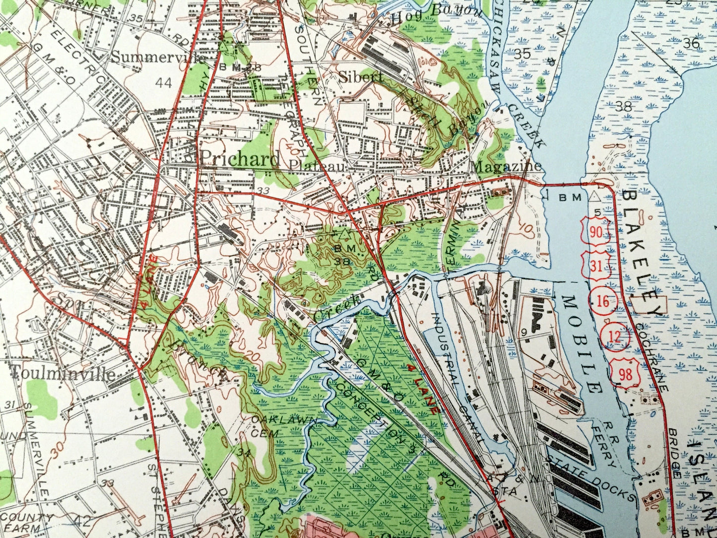 Antique Mobile, Alabama 1940 US Geological Survey Topographic Map – Baldwin County, Prichard, Chickasaw, Crichton, Dog River, Irvington, AL