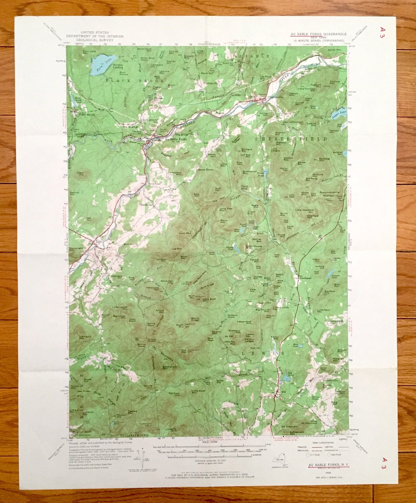 Antique Au Sable Forks, New York 1953 US Geological Survey Topographic Map – Adirondacks, Black Brook, Rome, Lewis, Jay, Chesterfield NY