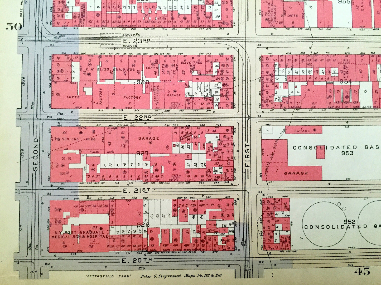 Antique Manhattan, New York Map from Bromley's 1934 Manhattan Land Book – Chelsea, Gramercy Park, Peter Cooper Village, Kips Bay Bellevue NY
