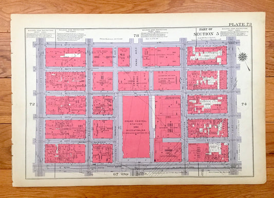 Antique Manhattan, New York Map from Bromley's 1934 Manhattan Land Book – Midtown, Turtle Bay, United Nations, Sutton Place East Side NY NYC