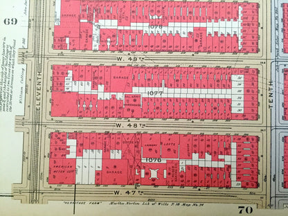 Antique Manhattan, New York Map from Bromley's 1934 Manhattan Land Book – Hells Kitchen Clinton Broadway Madison Square Theater District NYC