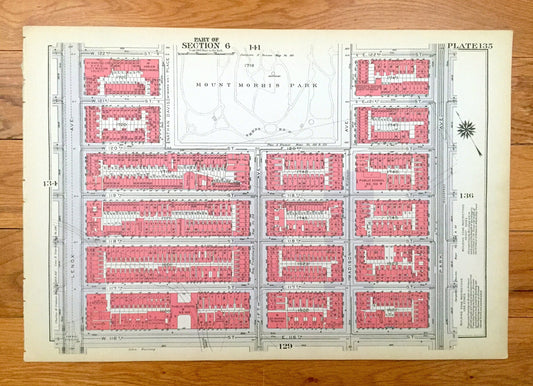 Antique Manhattan, New York City Map from Bromley's 1934 Manhattan Land Book – Harlem, Marcus Garvey Park, Mount Morris Park, Harlem NYC NY