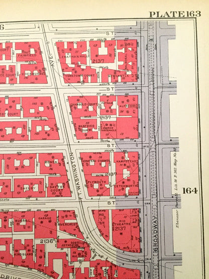 Antique Manhattan, New York City Map from Bromley's 1934 Manhattan Land Book – Fort Washington Park, Heights, Riverside Drive, Hudson NYC NY