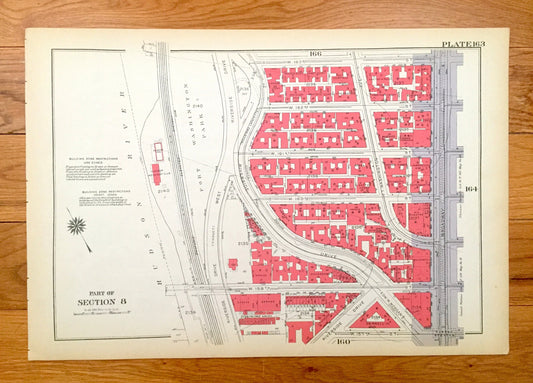 Antique Manhattan, New York City Map from Bromley's 1934 Manhattan Land Book – Fort Washington Park, Heights, Riverside Drive, Hudson NYC NY