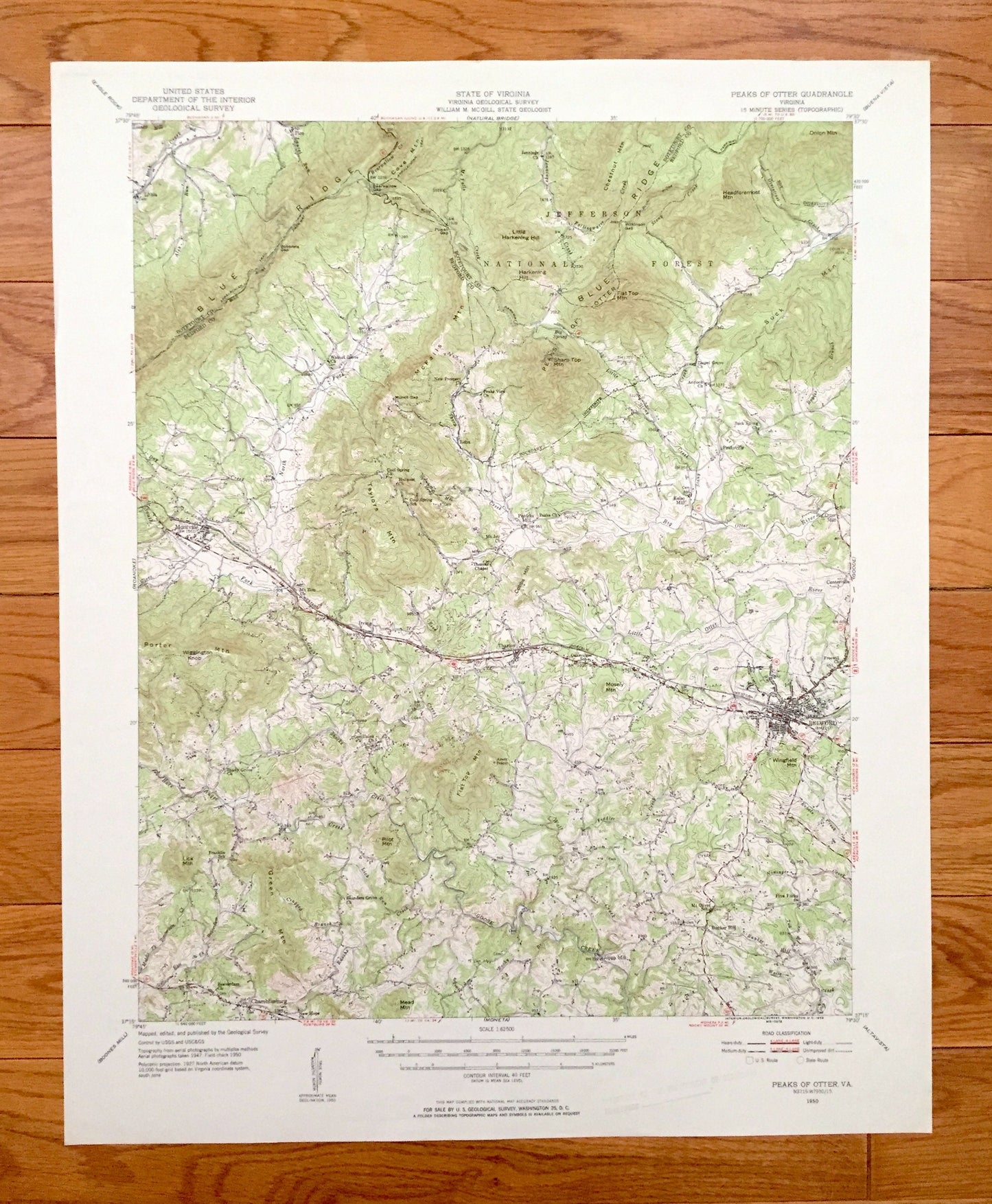 Antique Peaks of Otter, Virginia 1950 US Geological Survey Topographic Map – Bedford, Chamblissburg, Montvale, Lithia, Thaxton, Irving, VA