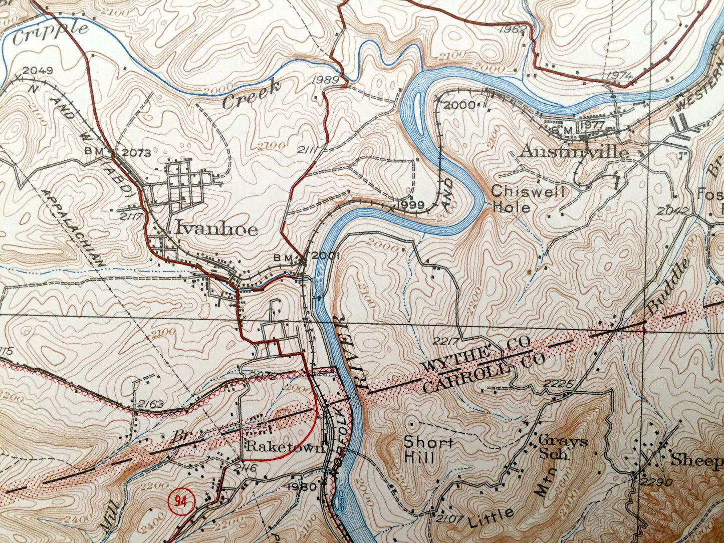Antique Max Meadows, Virginia 1930 US Geological Survey Topographic Map – Fosters Falls, Ivanhoe, Bethany, Oak Grove, Sheeptown, Byllesby VA
