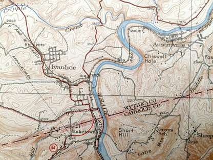 Antique Max Meadows, Virginia 1930 US Geological Survey Topographic Map – Fosters Falls, Ivanhoe, Bethany, Oak Grove, Sheeptown, Byllesby VA