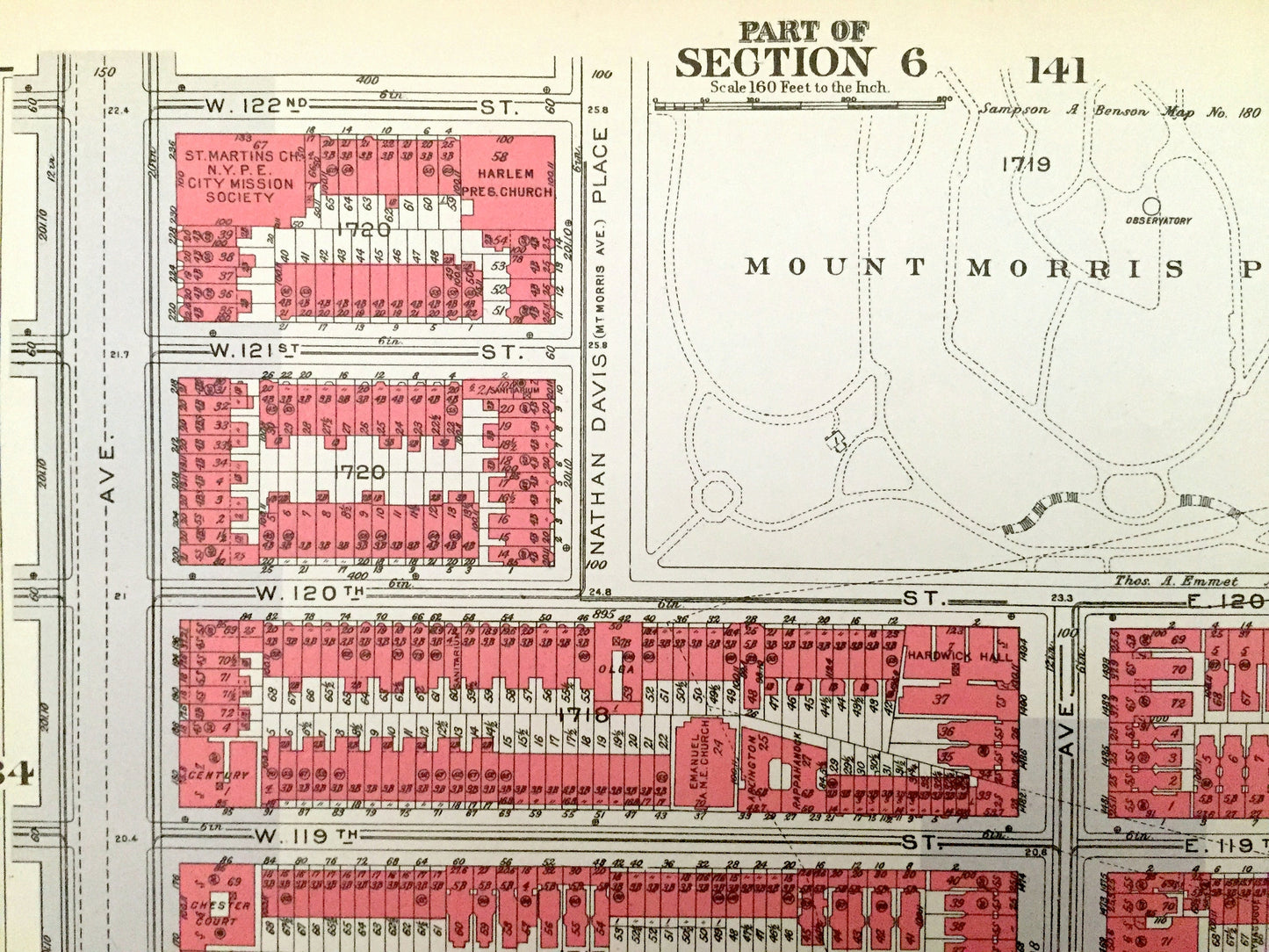 Antique Manhattan, New York City Map from Bromley's 1934 Manhattan Land Book – Harlem, Marcus Garvey Park, Mount Morris Park, Harlem NYC NY