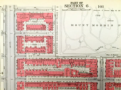 Antique Manhattan, New York City Map from Bromley's 1934 Manhattan Land Book – Harlem, Marcus Garvey Park, Mount Morris Park, Harlem NYC NY