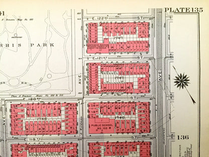 Antique Manhattan, New York City Map from Bromley's 1934 Manhattan Land Book – Harlem, Marcus Garvey Park, Mount Morris Park, Harlem NYC NY