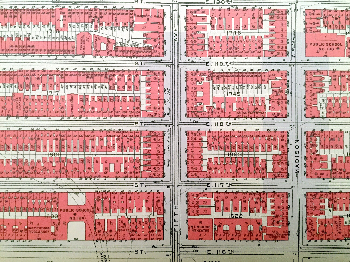 Antique Manhattan, New York City Map from Bromley's 1934 Manhattan Land Book – Harlem, Marcus Garvey Park, Mount Morris Park, Harlem NYC NY
