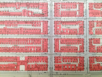 Antique Manhattan, New York City Map from Bromley's 1934 Manhattan Land Book – Harlem, Marcus Garvey Park, Mount Morris Park, Harlem NYC NY