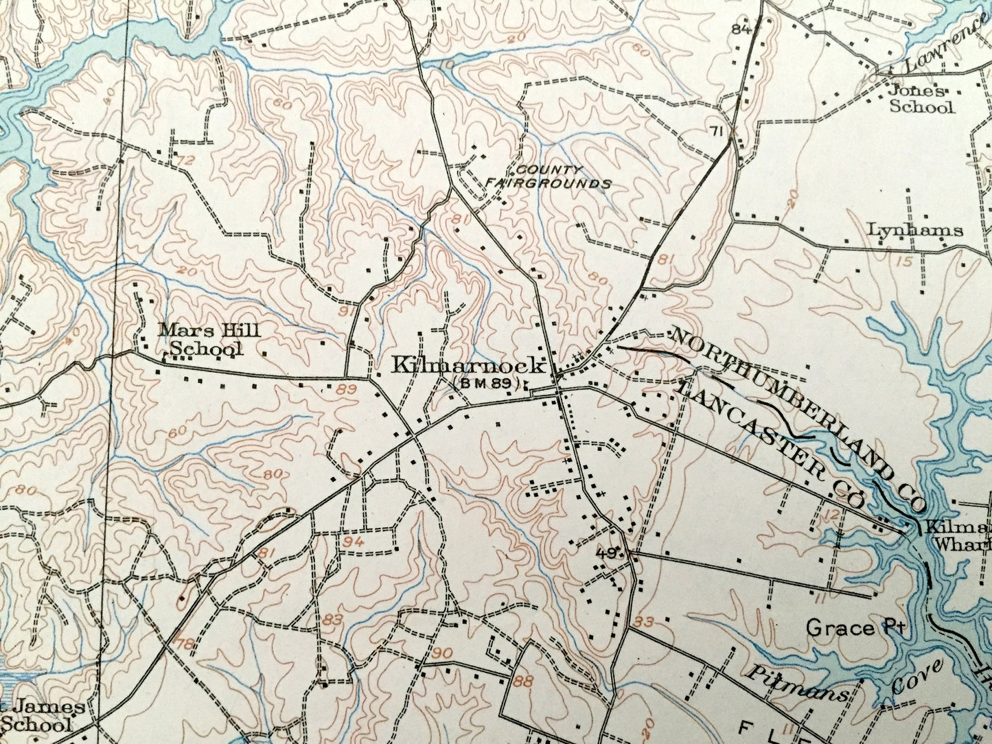 Antique Kilmarnock, Virginia 1916 US Geological Survey Topographic Map – Irvington, Whitestone, Deltaville, Rappahannock, Chesapeake Bay, VA